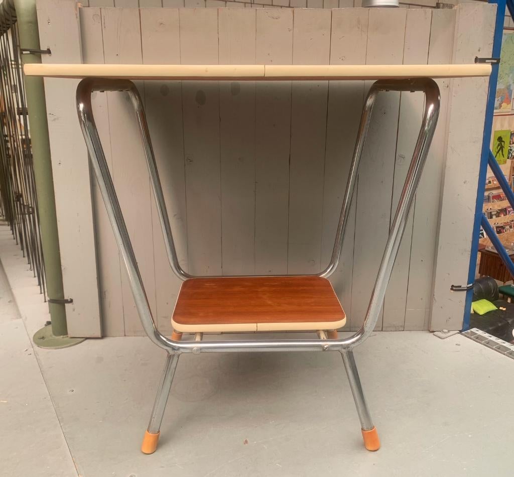 Vintage chromen audiotafel bijzettafel tafel hout, Ophalen, Gebruikt, 55 tot 75 cm, Onbekend