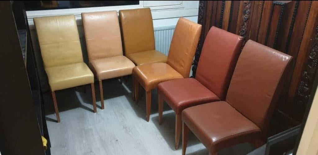 6 leren stoelen met houten poten, Ophalen of Verzenden