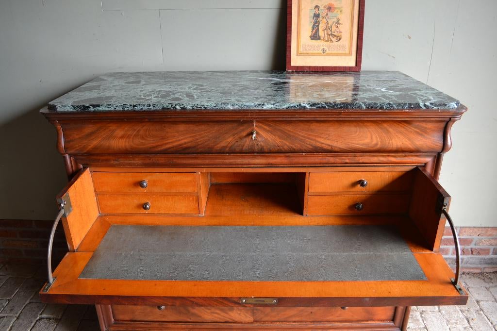 Prachtige antieke mahonie ladekast met secretaire & marmer, Verzenden