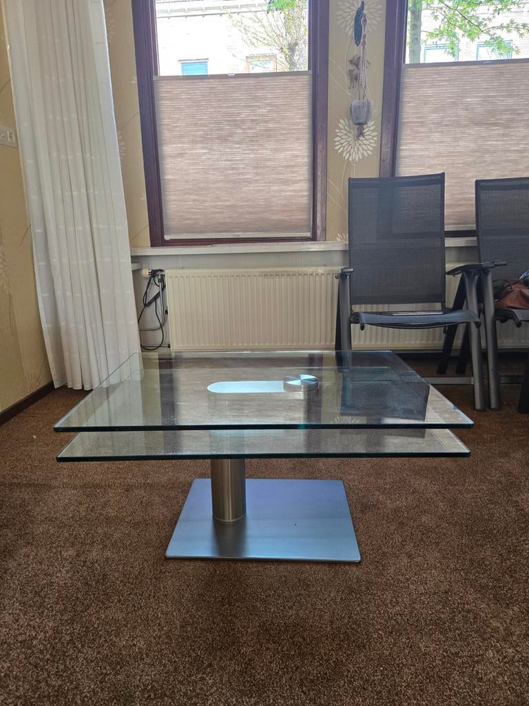 Glazen salontafel met draaibaar blad, Huis en Inrichting, Tafels | Salontafels, Ophalen, Gebruikt, 50 tot 100 cm, Vierkant