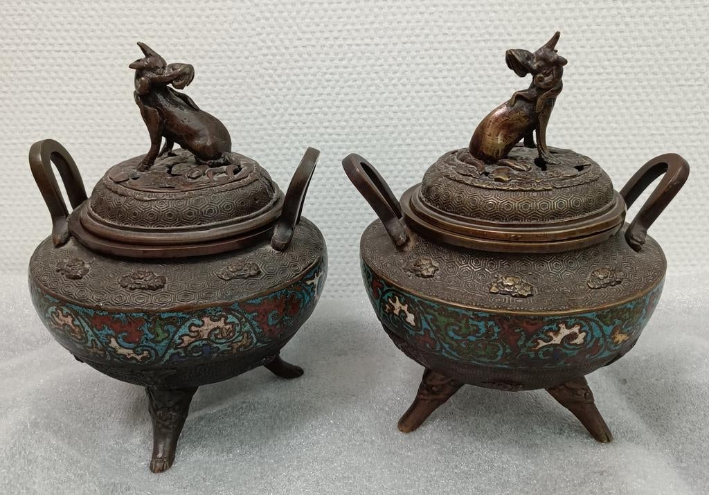 Antieke Bronzen Wierookbranders met Hond (Set van 2), Ophalen of Verzenden, Brons