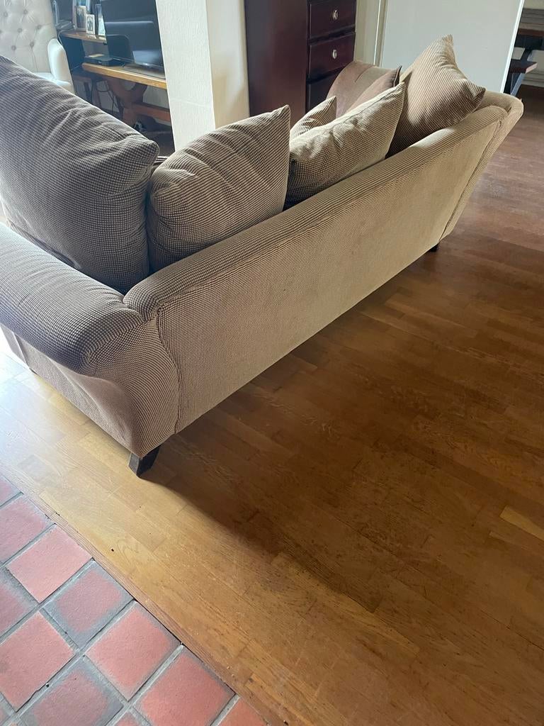 Gratis Bank met stoffen bekleding en leren armleuningen, Huis en Inrichting, Ophalen, Gebruikt, Driepersoons, 75 tot 100 cm