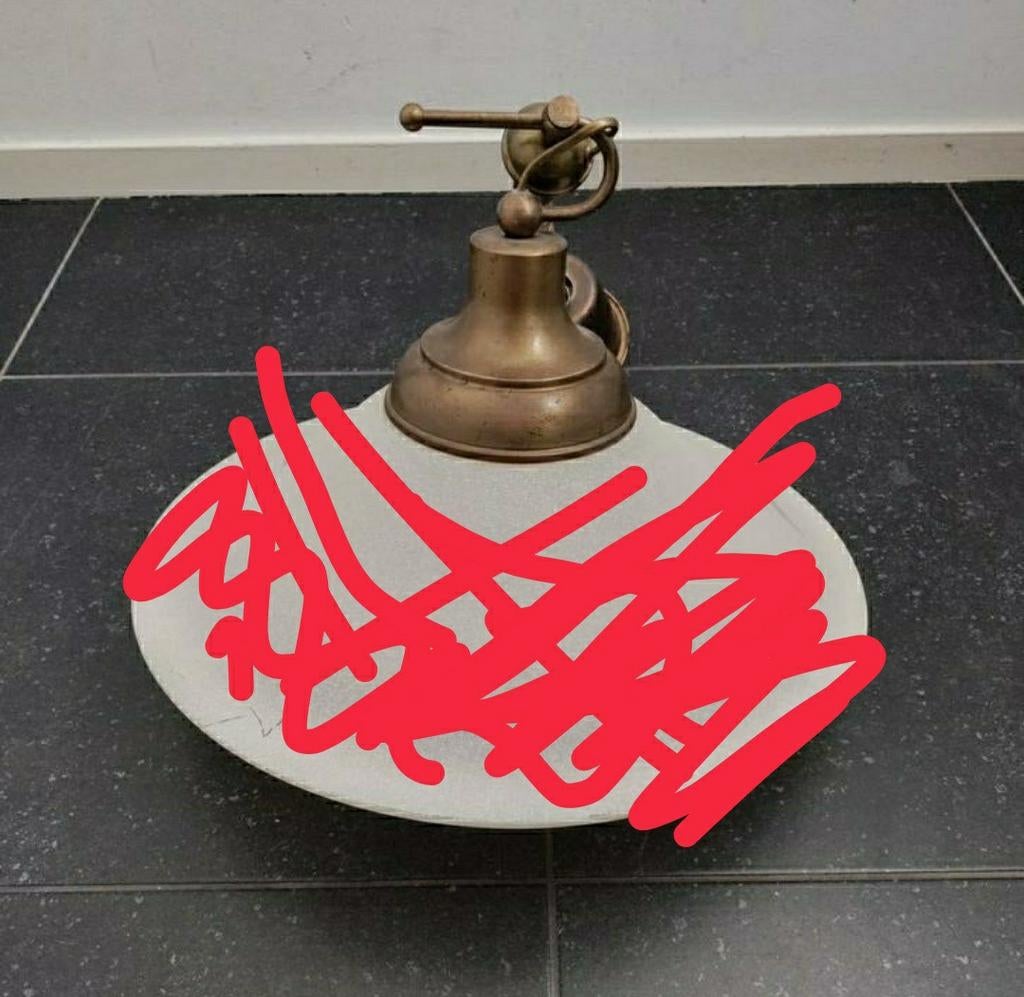 Uittrekbare Hanglamp,Vintage,Messingkap,matglazen Kap,, Ophalen of Verzenden, Gebruikt, Overige materialen, Vintage