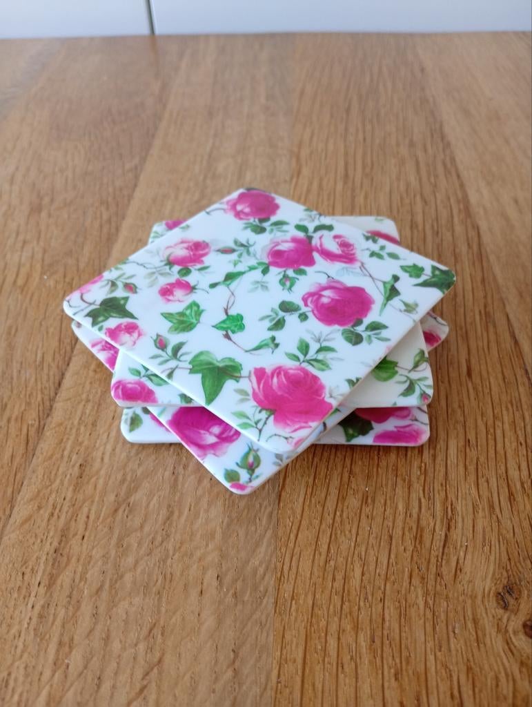 4 vierkante melamine onderzetters met rozenprint 9x9 cm, Ophalen of Verzenden, Nieuw, Glas of Kopje