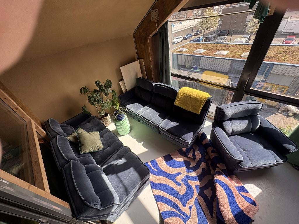 Blauw 7-delig fluwelen elementenbank + fauteuil jaren 70, Huis en Inrichting, Banken | Complete zithoeken, Gebruikt, Stof, Ophalen