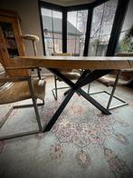 Robuuste ronde eettafel massief eiken wagonplanken, Ophalen, Zo goed als nieuw, Vijf personen of meer, Industrieel