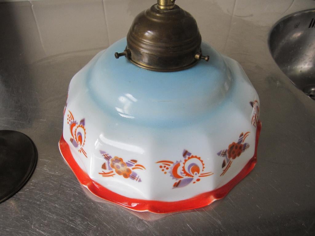 Prachtige opaline hanglamp, fris oranje/paars/turquoise, Ophalen, Zo goed als nieuw, Glas, Minder dan 50 cm