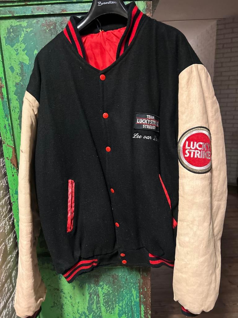 Vintage Lucky Strike Varsity Jacket - Zwart/Beige, Ophalen of Verzenden, Gedragen, Maat 52/54 (L), Zwart