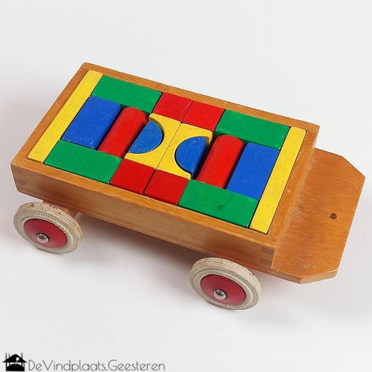 Vintage houten trekkar met bouwblokken, Kinderen en Baby's, Speelgoed | Houten speelgoed, Gebruikt, Overige typen, Ophalen of Verzenden