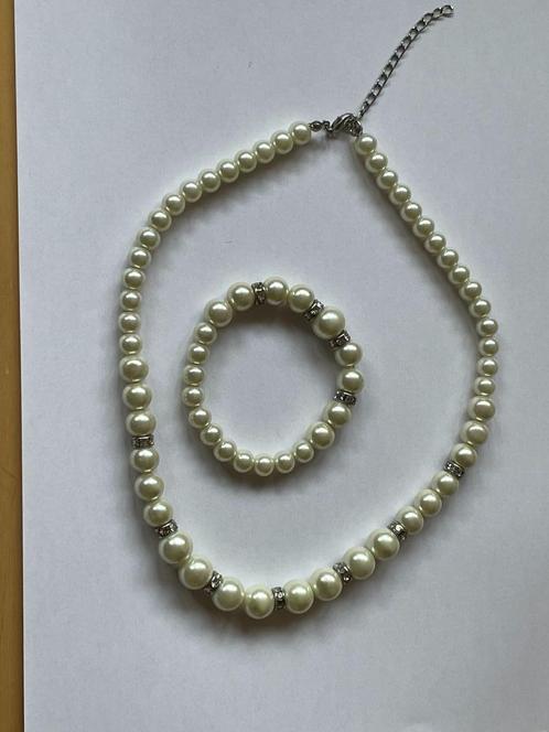 Ketting en armband, im. parels met tussenschijfjes, Sieraden, Tassen en Uiterlijk, Kettingen, Zo goed als nieuw, Overige materialen