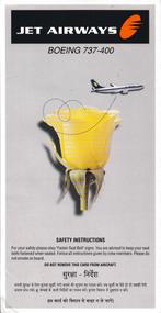 Safetycard Jet Airways Boeing 737-400, Verzamelen, Ophalen of Verzenden, Gebruikt, Kaart, Foto of Prent