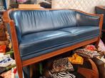 Vintage Blauwe Leren Bank - Tweepersoons met losse stoel, Ophalen, Gebruikt, 150 tot 200 cm, Tweepersoons