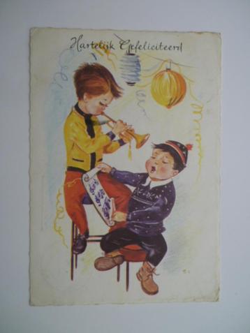 Ansichtkaart Hartelijk Gefeliciteerd 2 jongens muziek beschikbaar voor biedingen