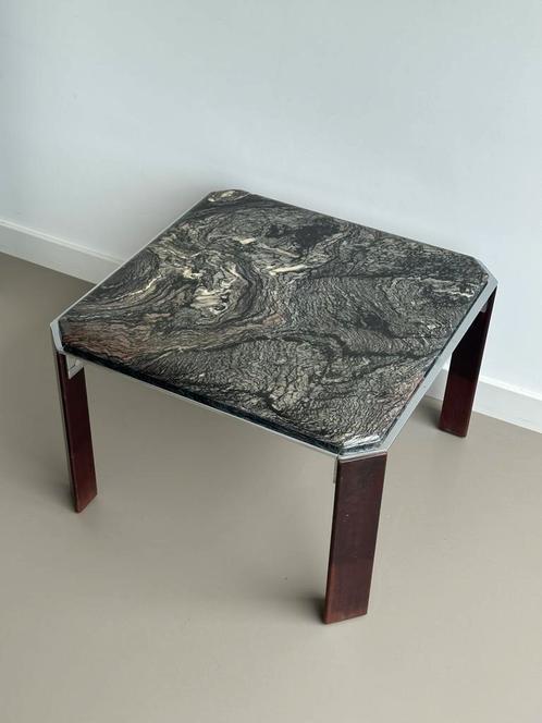 Vintage marmeren salontafel chroom hout retro 70’s vierkant, Huis en Inrichting, Tafels | Salontafels, Gebruikt, 50 tot 75 cm