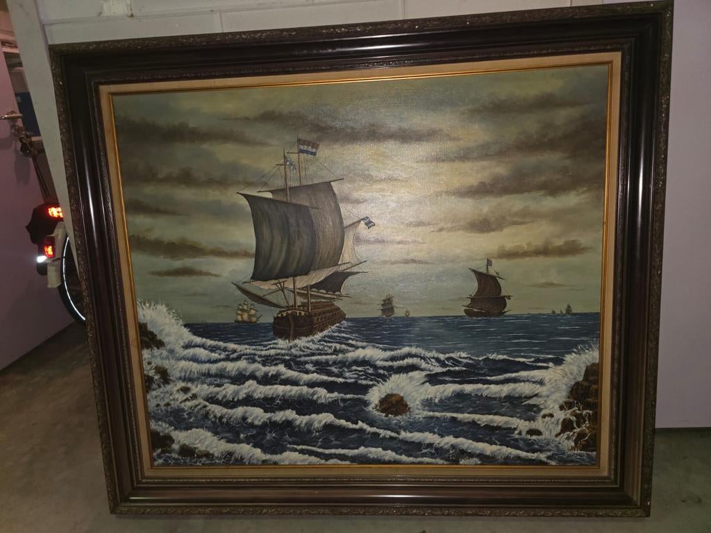Schilderij van H.V. Hoof - Branding, Antiek en Kunst, Ophalen