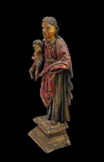 Antiek 17e eeuws Houten polychrome heilige Madona met kind, Verzenden