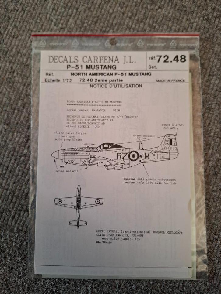 1/72 Carpena decals P-51 Mustang, Hobby en Vrije tijd, Modelbouw | Vliegtuigen en Helikopters, Nieuw, Vliegtuig, 1:72 tot 1:144