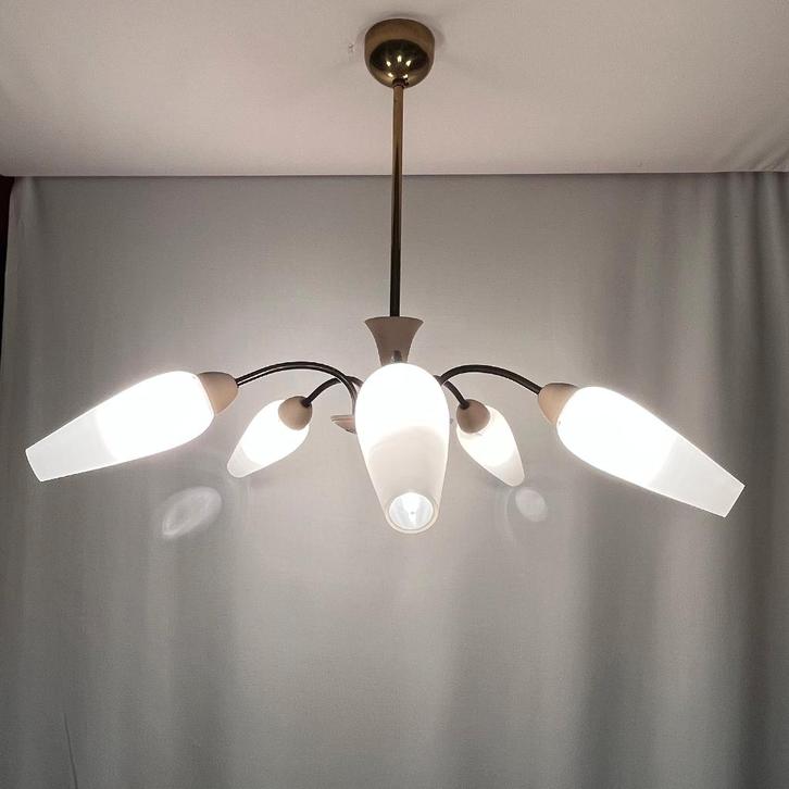 Space age Atomic age spoetnik 5-armige spider hanglamp, Huis en Inrichting, Lampen | Hanglampen, Gebruikt, Minder dan 50 cm, Glas