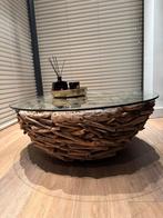 Unieke salontafel met drijfhout en glazen blad, Huis en Inrichting, Ophalen, 100 tot 150 cm, Rond, 50 tot 100 cm