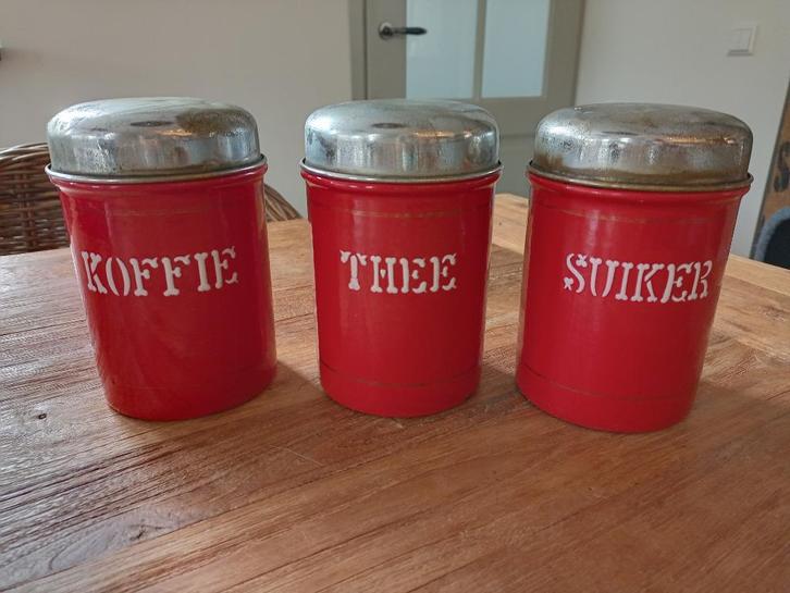 koffie/thee/suiker/voorraadbussen emaille rood, Antiek en Kunst, Antiek | Emaille, Ophalen of Verzenden
