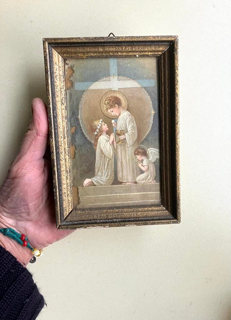 Ingelijste prent 1e communie Jezus en engel 👼, Antiek en Kunst, Antiek | Religie, Ophalen of Verzenden