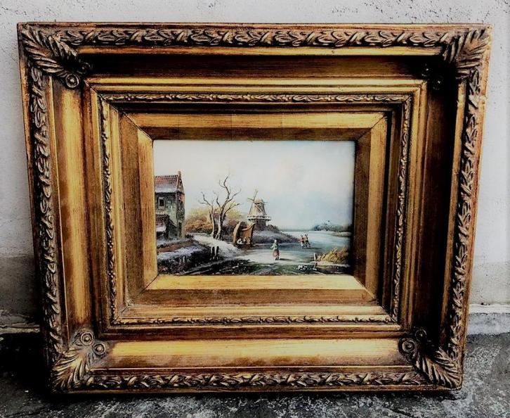 Prachtig antiek schilderij - Molen in Wintertafereel - lijst, Antiek en Kunst, Kunst | Schilderijen | Klassiek, Ophalen of Verzenden