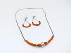 Zilveren ketting en oorbellen met bloedkoraal, 42 cm, Gebruikt, Info@zilverwebsite.nl, Verzenden, Zilverwebsite.nl