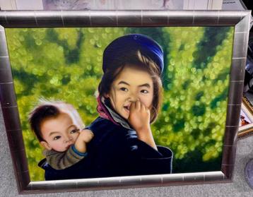 Orginele Aziatische schilderij: Vrouw met kind 90 x 70cm beschikbaar voor biedingen