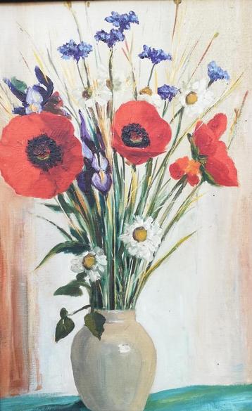 Klaprozen/korenbloemen. Stilleven. Marouflage. Ca 1950.  beschikbaar voor biedingen