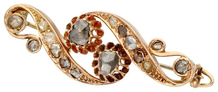 Antiek diamant design broche Holland ca 1900-1870 14 K goud, Sieraden, Tassen en Uiterlijk, Antieke sieraden, Broche, Goud, Met edelsteen