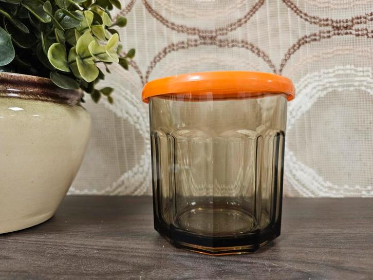 Vintage Arcopal France rookglas voorraadpot oranje deksel, Huis en Inrichting, Keuken | Tupperware, Gebruikt, Bus of Trommel, Bruin