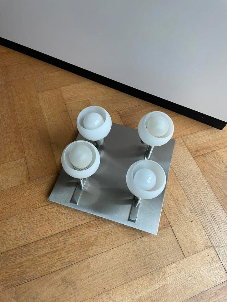 4-lichts plafondspot RVS wite glazen kelken plafondlamp, Huis en Inrichting, Lampen | Plafondlampen, Gebruikt, Metaal, Ophalen