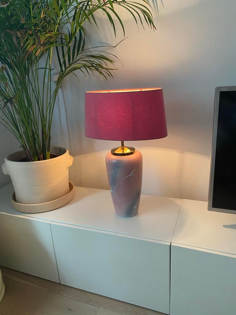 Vintage Vaaslamp met roze kap, Ophalen, Gebruikt, Glas, Minder dan 100 cm