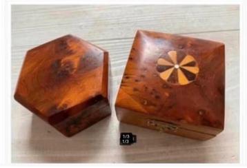2 x wortel houten kistjes, mooi bewerkt, 6 kant/4 kant samen beschikbaar voor biedingen