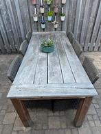 Houten tuintafel (100x240cm) met 6 stoelen en kussens, Ophalen, Gebruikt, Eettafel, 6 zitplaatsen