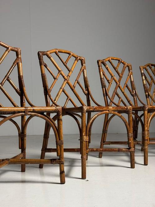 Set van 4 bamboe eetkamerstoelen, Huis en Inrichting, Stoelen, Gebruikt, Bruin, Ophalen
