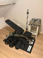 Halterbank, 34kg verstelbare dumbells, 60+kg olympische set, Sport en Fitness, Fitnessmaterialen, Ophalen, Zo goed als nieuw, Fitnessbank