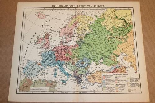 Antieke kaart - Europa Etnografisch - Circa 1900, Boeken, Atlassen en Landkaarten, Zo goed als nieuw, Landkaart, 1800 tot 2000