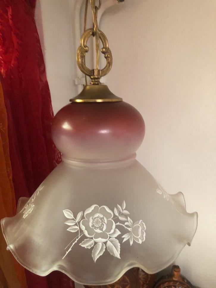Antieke Hanglamp Glas & Koper, Huis en Inrichting, Lampen | Hanglampen, Zo goed als nieuw, Minder dan 50 cm, Glas, Ophalen of Verzenden