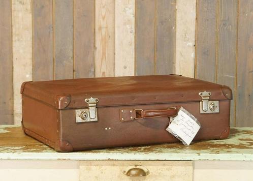 Oude midden- tot donkerbruine brocante koffer met adreskaart, Antiek en Kunst, Curiosa en Brocante, Ophalen of Verzenden