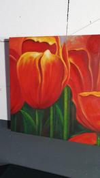 Brocante schilderij Tulpen op canvas. 100 x 50 cm. S32, Huis en Inrichting, Tweedehands verkoop, Tweedehands verkoop, Gebruikt