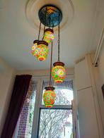 Hoge hanglamp v messing met 5 glasmozaïek lampen, Huis en Inrichting, Lampen | Hanglampen, Ophalen of Verzenden, Zo goed als nieuw