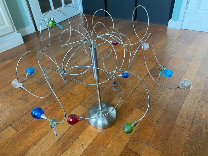 Hanglamp rvs met gekleurde glazen kapjes, Huis en Inrichting, Lampen | Hanglampen, Gebruikt, 50 tot 75 cm, Metaal, Ophalen of Verzenden