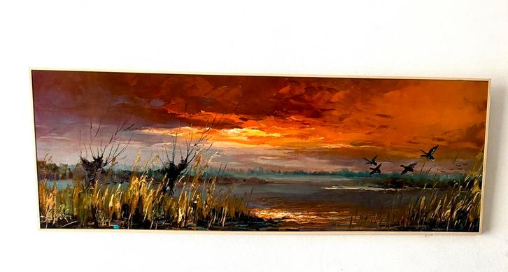 Vintage jaren 60 schilderij zonsondergang, Antiek en Kunst, Kunst | Schilderijen | Abstract, Ophalen of Verzenden