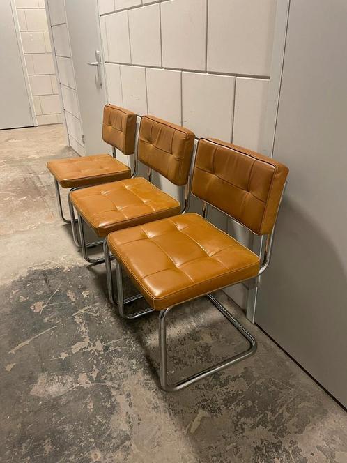 Set van 3 Cognackleurige Stoelen – PU Leer & Chroom – Praxis, Huis en Inrichting, Stoelen, Gebruikt, Drie, Leer, Metaal, Bruin