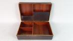 Vintage sieradendoos, bruin skai leer, gestoffeerd. K14, Ophalen of Verzenden