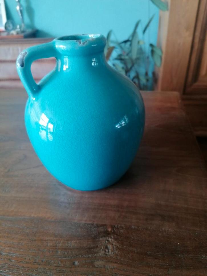 Turquoise vaasje AM63 met craquelé, Huis en Inrichting, Woonaccessoires | Vazen, Gebruikt, Blauw, Minder dan 50 cm, Aardewerk of Porselein