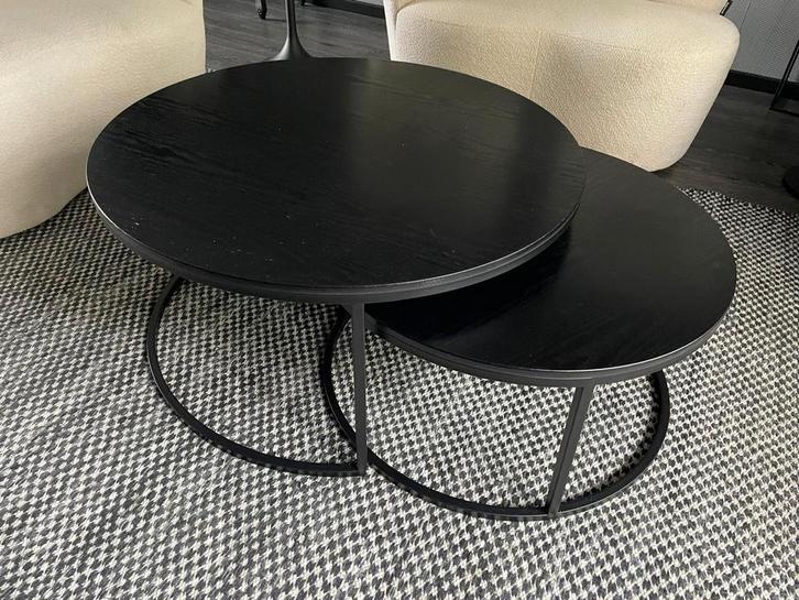 Set van 2 Ronde Salon Tafels - Zwart Hout/Metaal, Huis en Inrichting, Tafels | Salontafels, Gebruikt, Minder dan 50 cm, 50 tot 100 cm