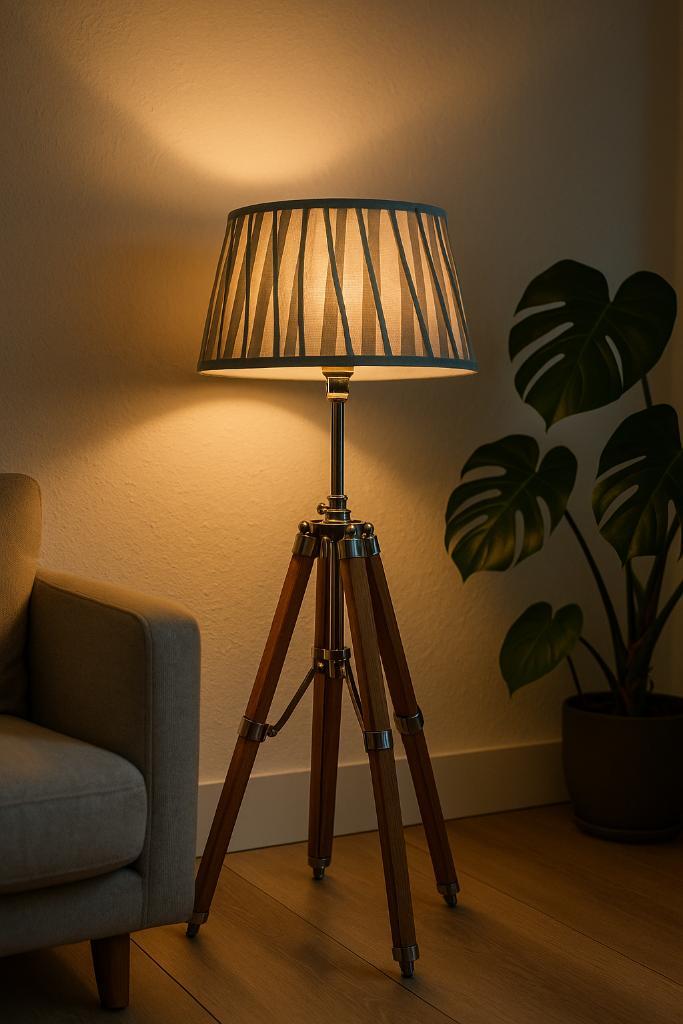 Riviera Maison tripod lamp (S size) with original shade, Huis en Inrichting, Lampen | Vloerlampen, Zo goed als nieuw, Minder dan 100 cm