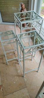 3 witte ijzeren tafeltjes met glas, Huis en Inrichting, Minder dan 55 cm, Rechthoekig, Ophalen, 45 tot 60 cm